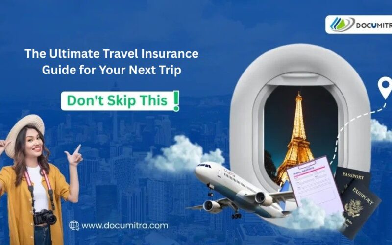 Travel insurance essentials for international trips—airplane, passports, and Eiffel Tower with happy traveler. Documitra guide.